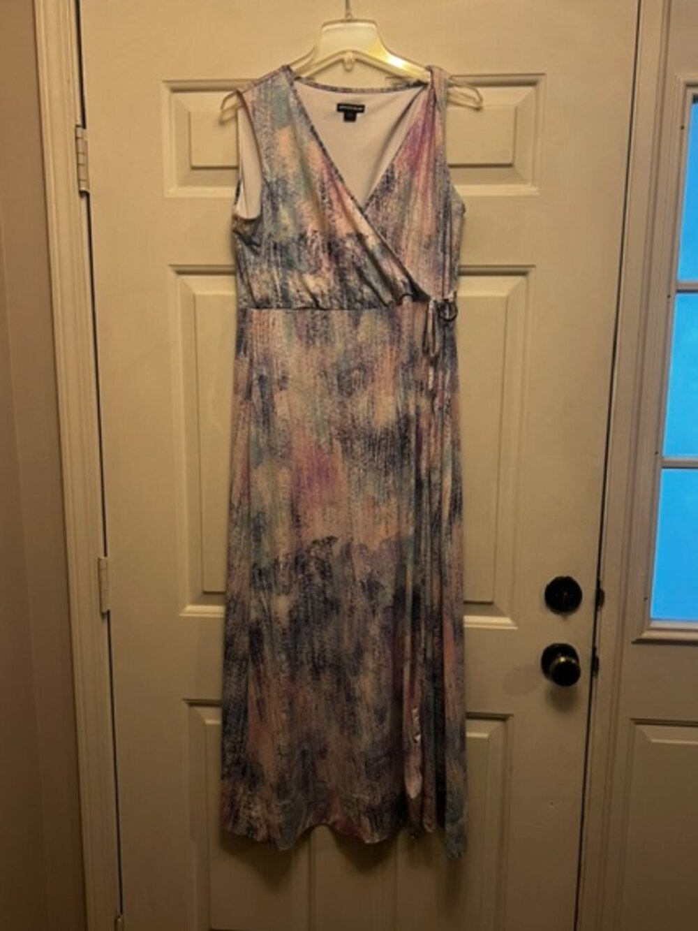 Nina Leonard Pastel Wrap Maxi Dress in Pink & Blue, Size L, Lined, Ex Cond!